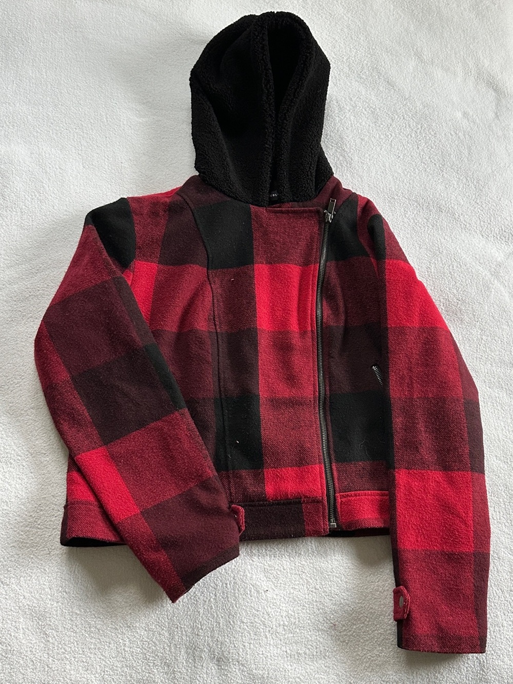 Rock & Republic Red and Black Plaid Bomber Jacket with Hood